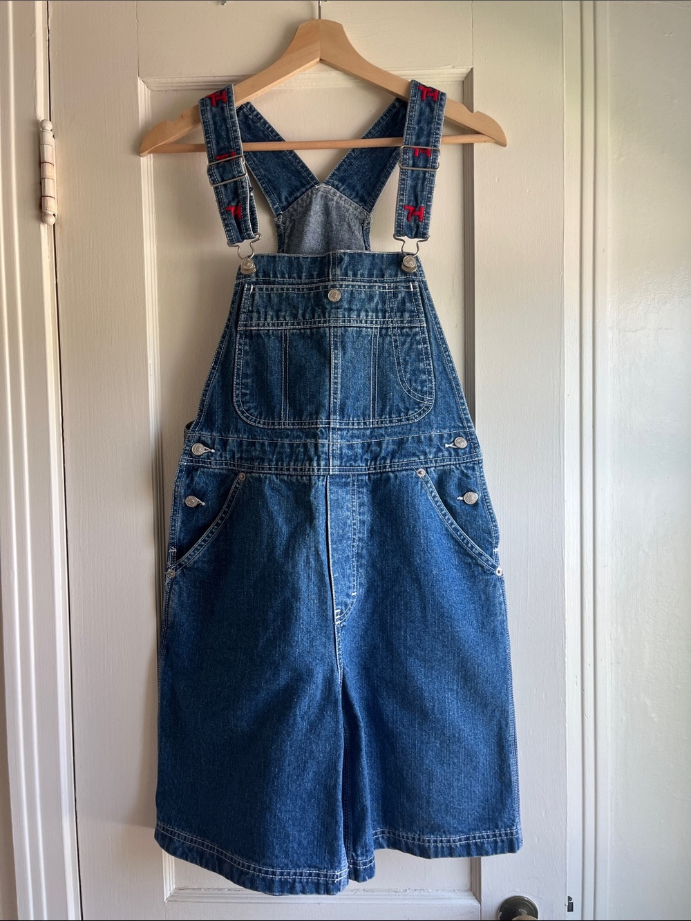 Vintage Tommy Hilfiger Blue Denim Shortalls with Red Logo Stitching
